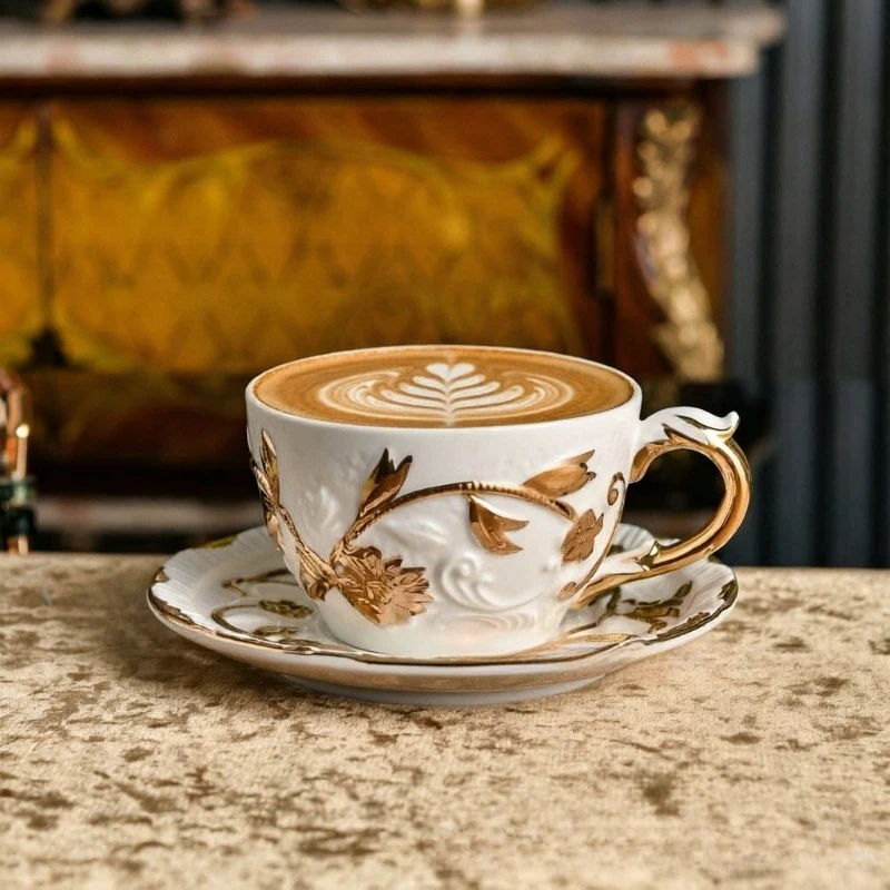 Coffee Tea And Sugar Set - Villari Style Raised Relief Gold Trim